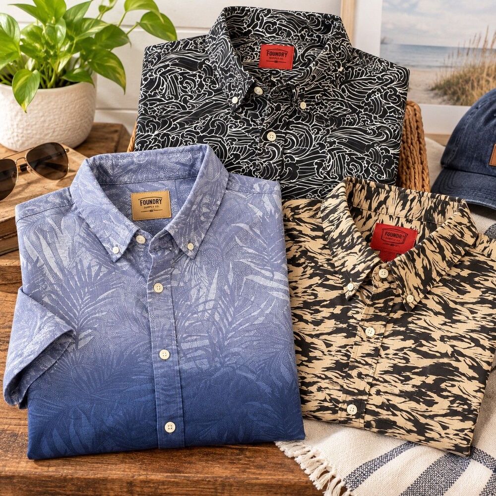 Foundry Supply Co Mens 3XL Shirts Lot of 3 Button Down Blue OmbrΓ©, Black, Tan